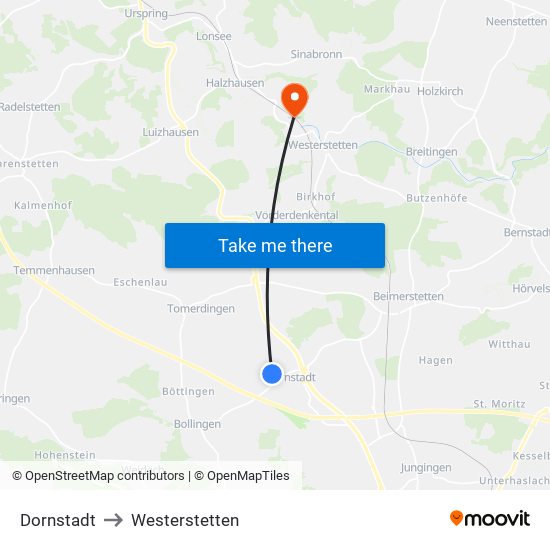 Dornstadt to Westerstetten map