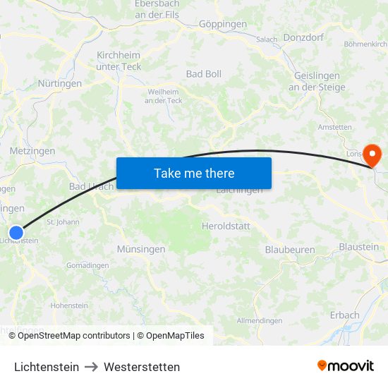 Lichtenstein to Westerstetten map
