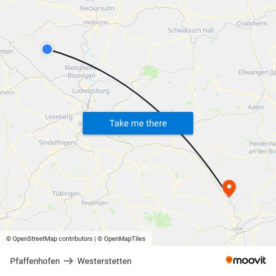 Pfaffenhofen to Westerstetten map