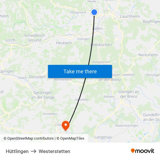 Hüttlingen to Westerstetten map