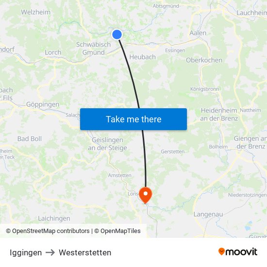 Iggingen to Westerstetten map