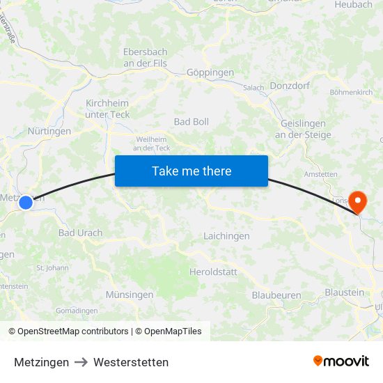 Metzingen to Westerstetten map