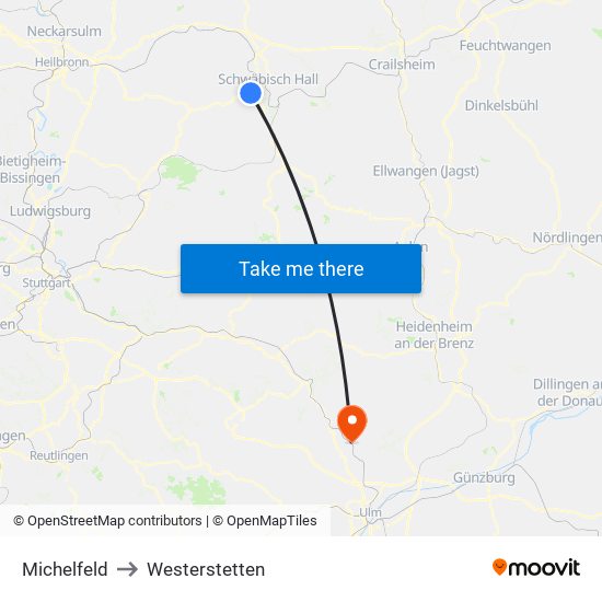 Michelfeld to Westerstetten map