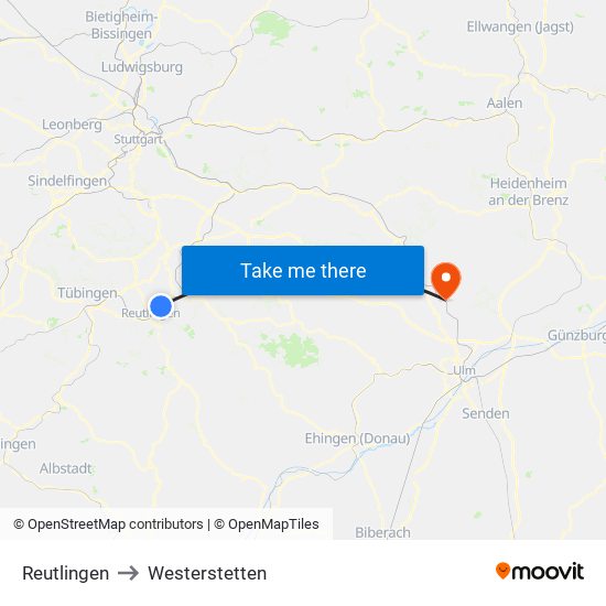 Reutlingen to Westerstetten map