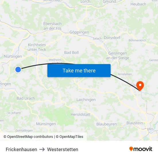 Frickenhausen to Westerstetten map