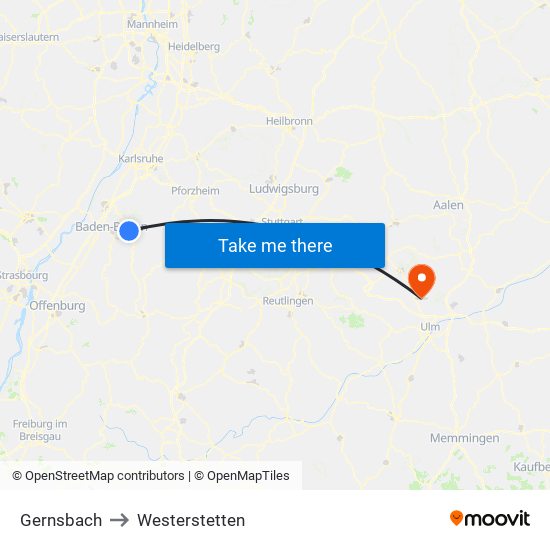 Gernsbach to Westerstetten map