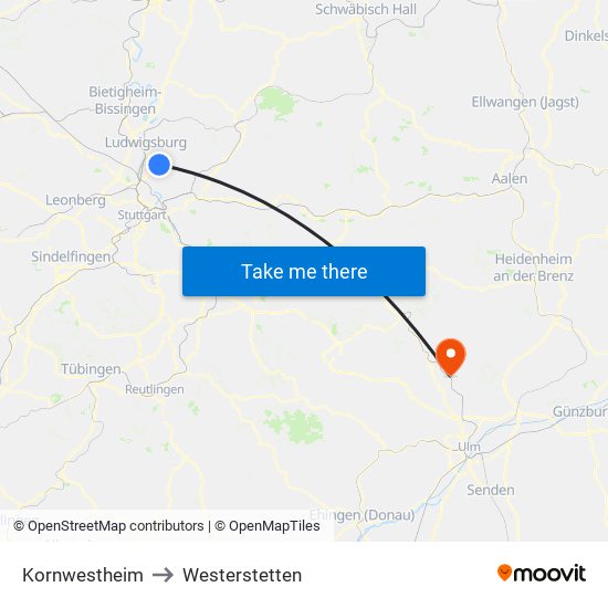 Kornwestheim to Westerstetten map