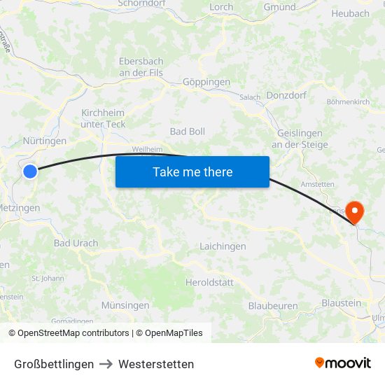 Großbettlingen to Westerstetten map