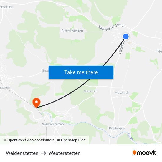 Weidenstetten to Westerstetten map