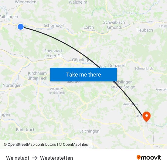 Weinstadt to Westerstetten map