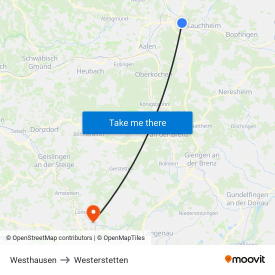 Westhausen to Westerstetten map