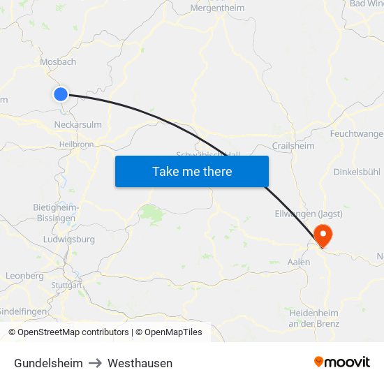 Gundelsheim to Westhausen map