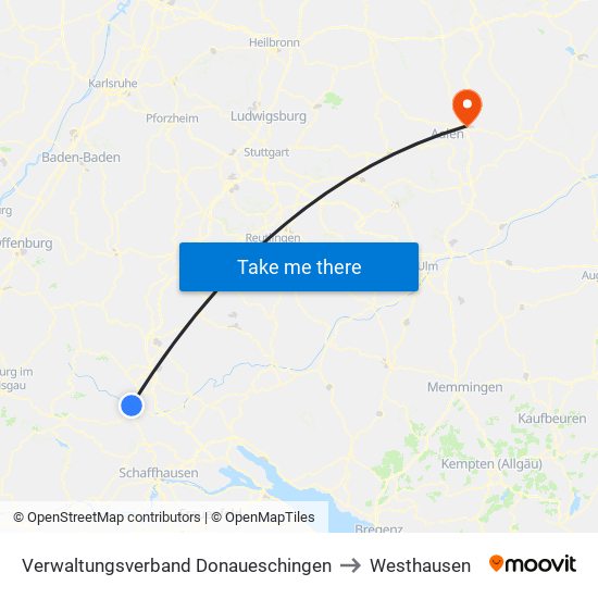 Verwaltungsverband Donaueschingen to Westhausen map