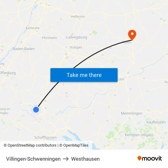 Villingen-Schwenningen to Westhausen map