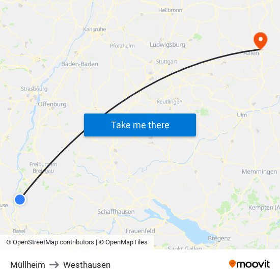 Müllheim to Westhausen map