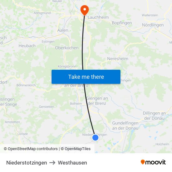 Niederstotzingen to Westhausen map