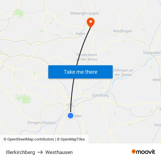 Illerkirchberg to Westhausen map