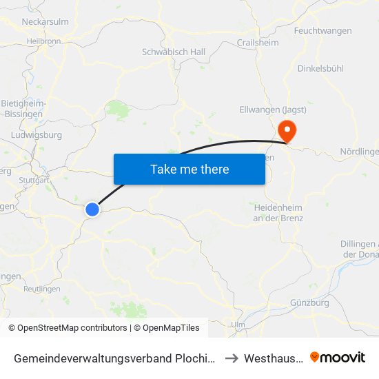 Gemeindeverwaltungsverband Plochingen to Westhausen map