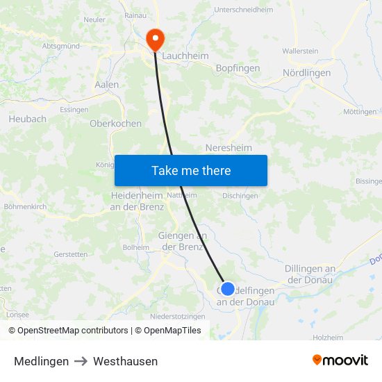 Medlingen to Westhausen map