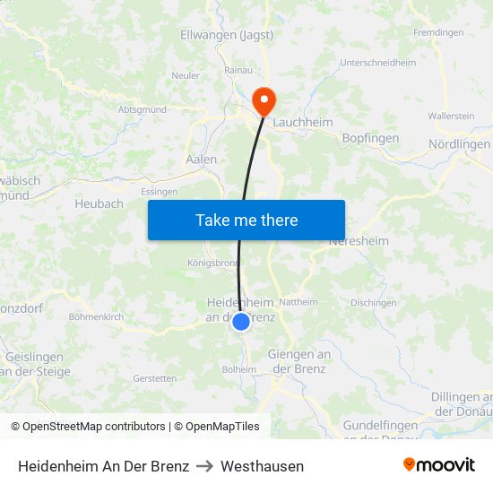 Heidenheim An Der Brenz to Westhausen map