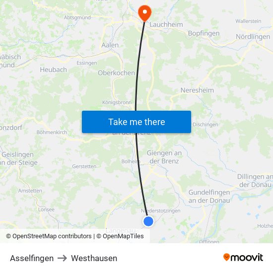 Asselfingen to Westhausen map