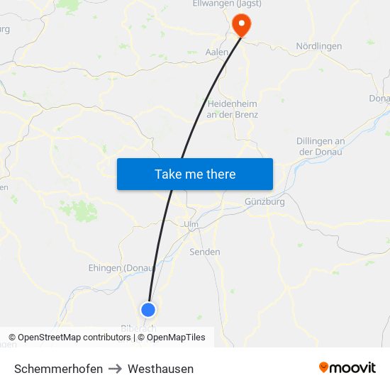 Schemmerhofen to Westhausen map