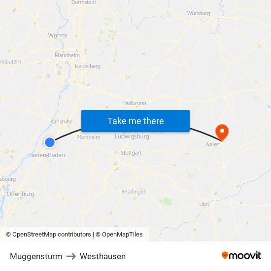 Muggensturm to Westhausen map