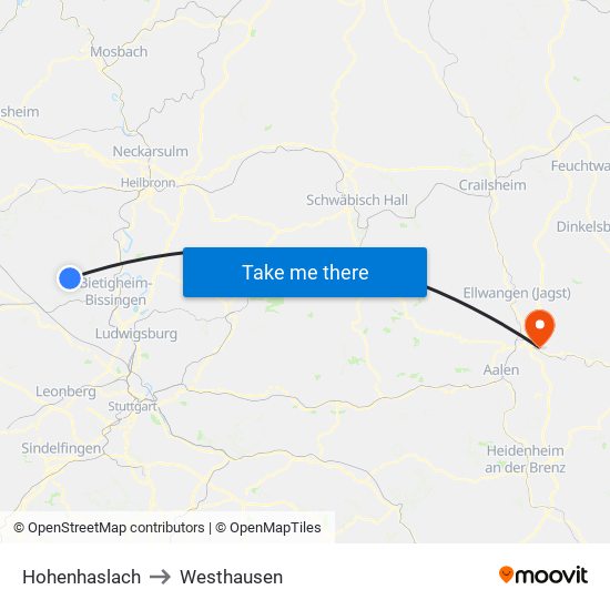 Hohenhaslach to Westhausen map