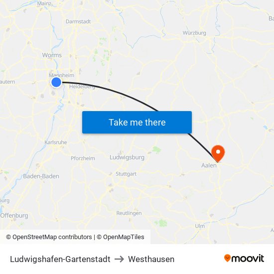 Ludwigshafen-Gartenstadt to Westhausen map