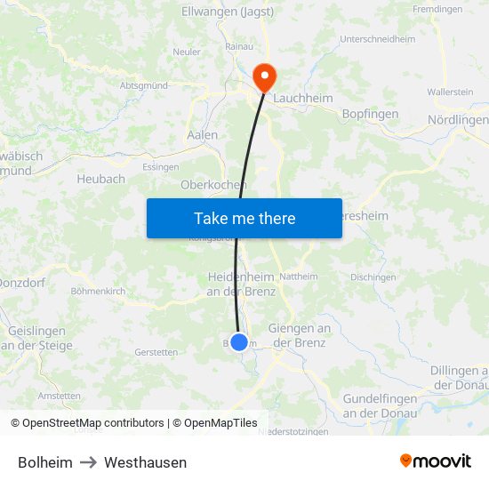 Bolheim to Westhausen map