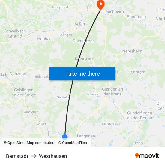 Bernstadt to Westhausen map