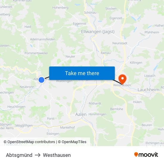 Abtsgmünd to Westhausen map