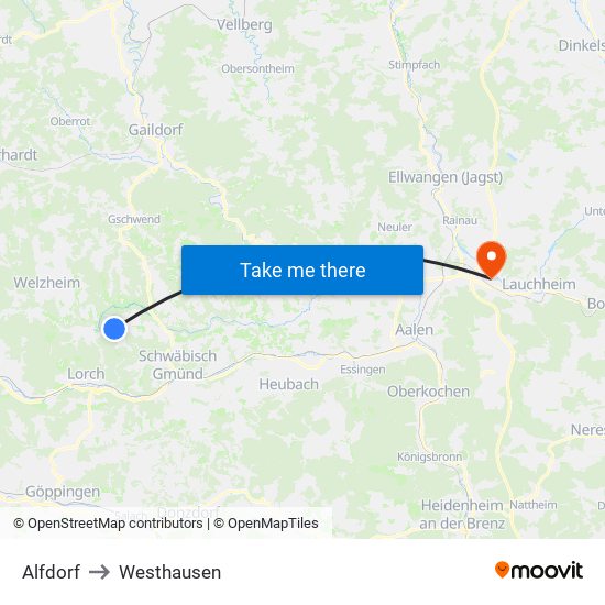 Alfdorf to Westhausen map