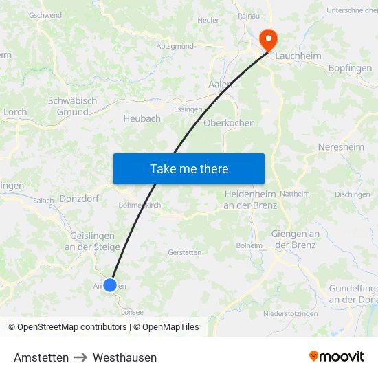 Amstetten to Westhausen map