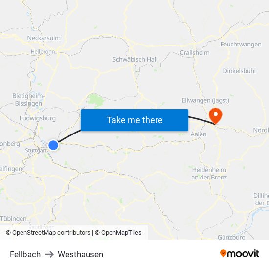 Fellbach to Westhausen map