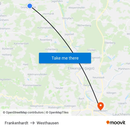 Frankenhardt to Westhausen map