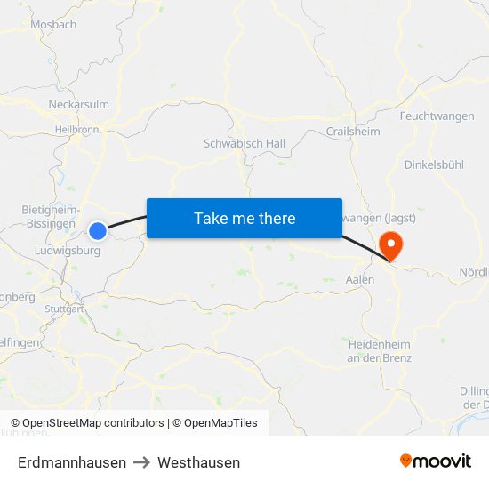 Erdmannhausen to Westhausen map