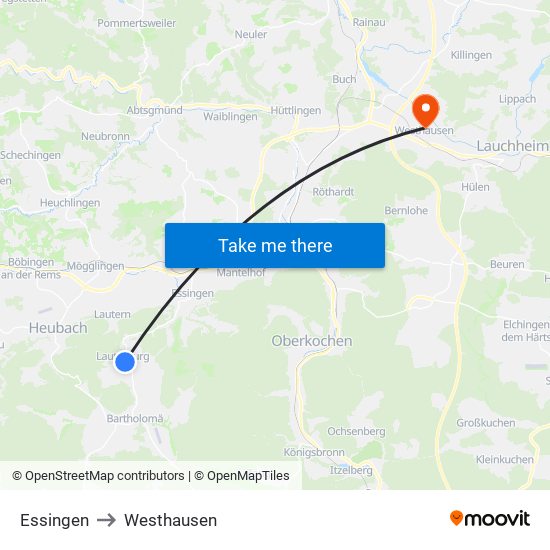 Essingen to Westhausen map