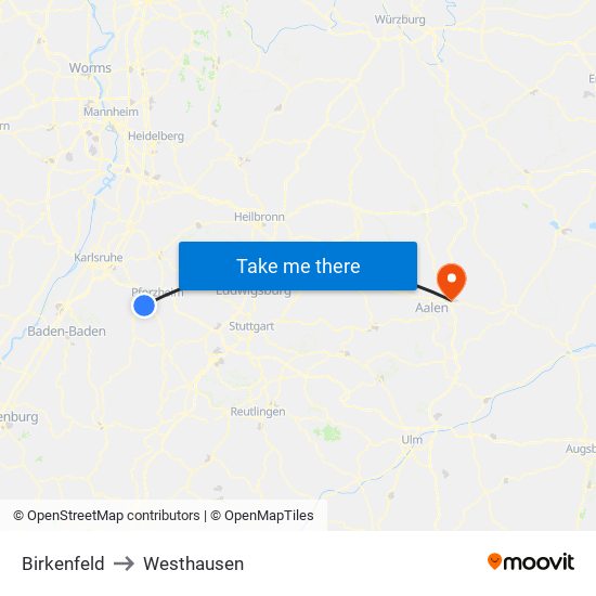 Birkenfeld to Westhausen map