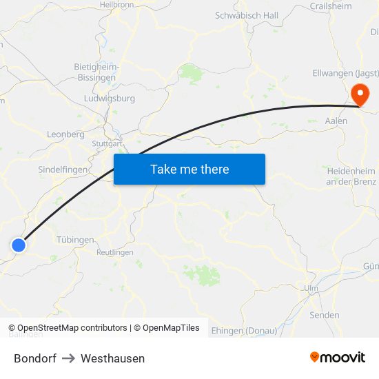 Bondorf to Westhausen map