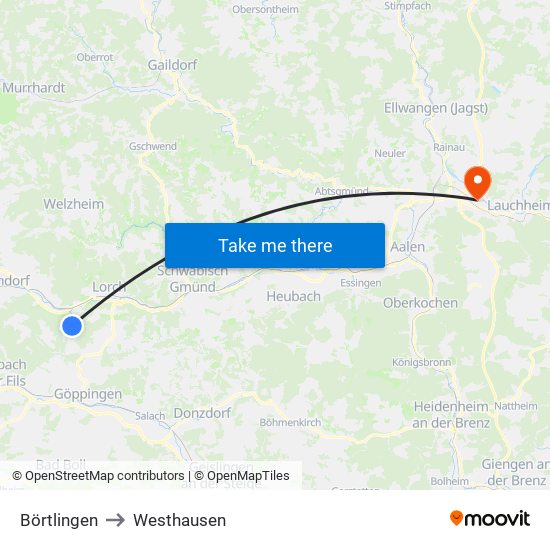Börtlingen to Westhausen map