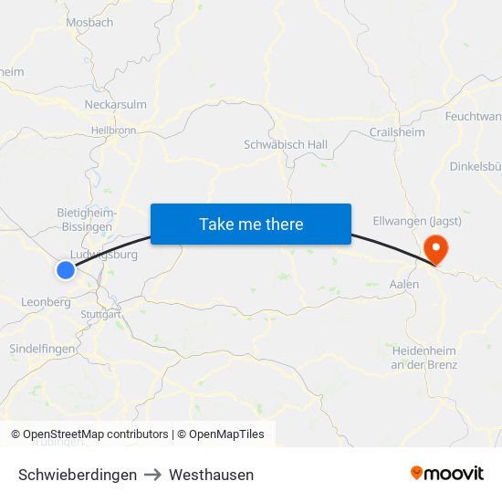 Schwieberdingen to Westhausen map