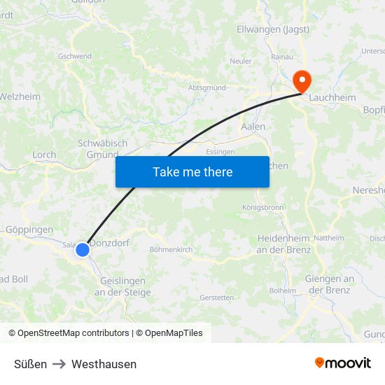 Süßen to Westhausen map