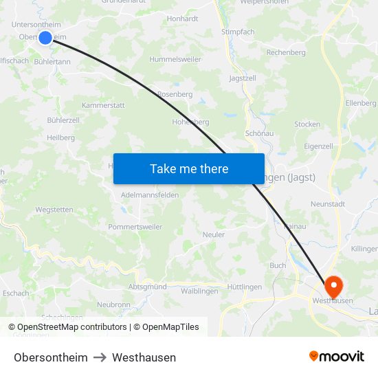 Obersontheim to Westhausen map