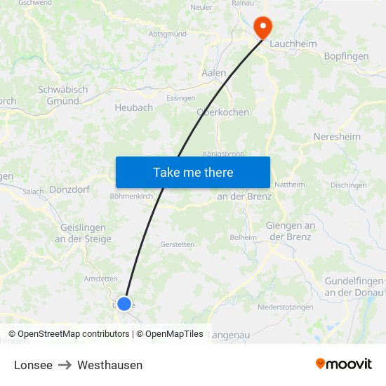 Lonsee to Westhausen map