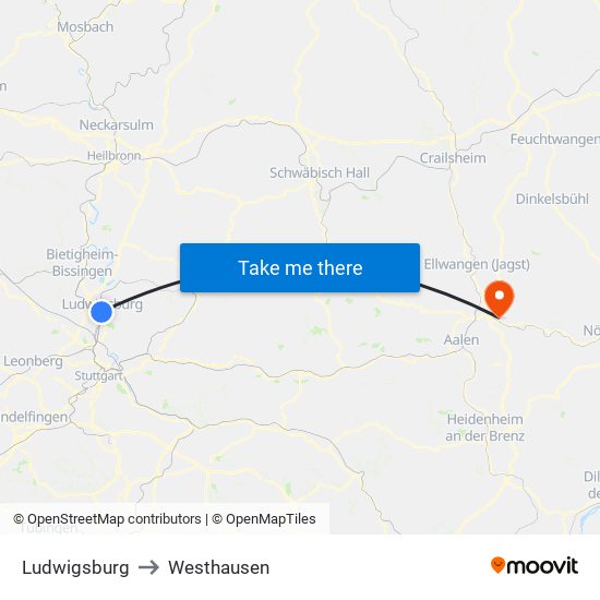 Ludwigsburg to Westhausen map