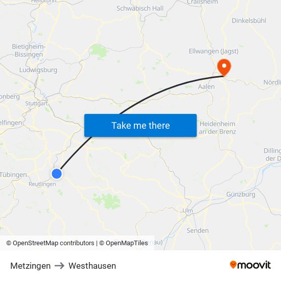 Metzingen to Westhausen map