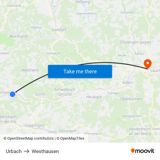 Urbach to Westhausen map