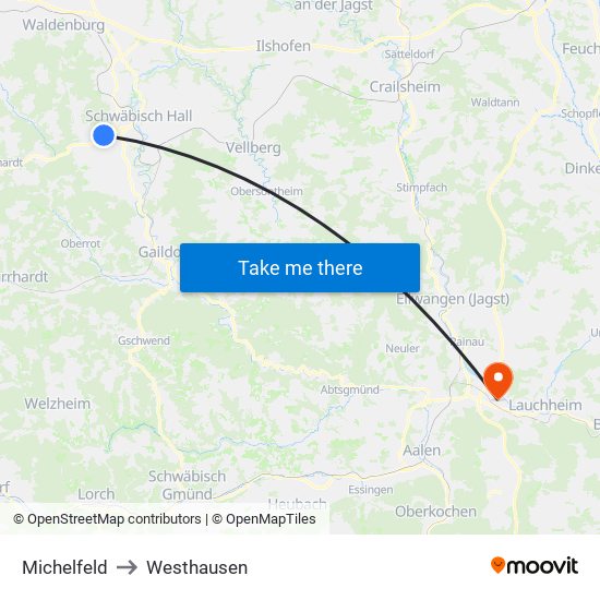 Michelfeld to Westhausen map