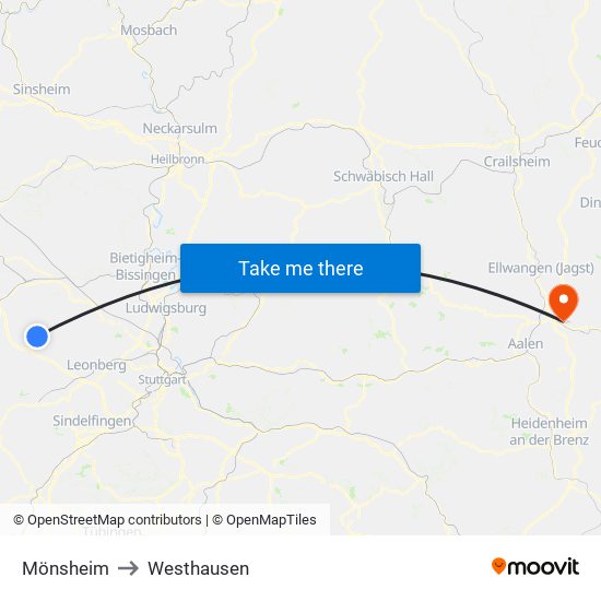 Mönsheim to Westhausen map